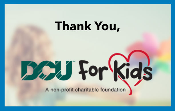 Graphic containing the text thank you and the DCU for Kids logo