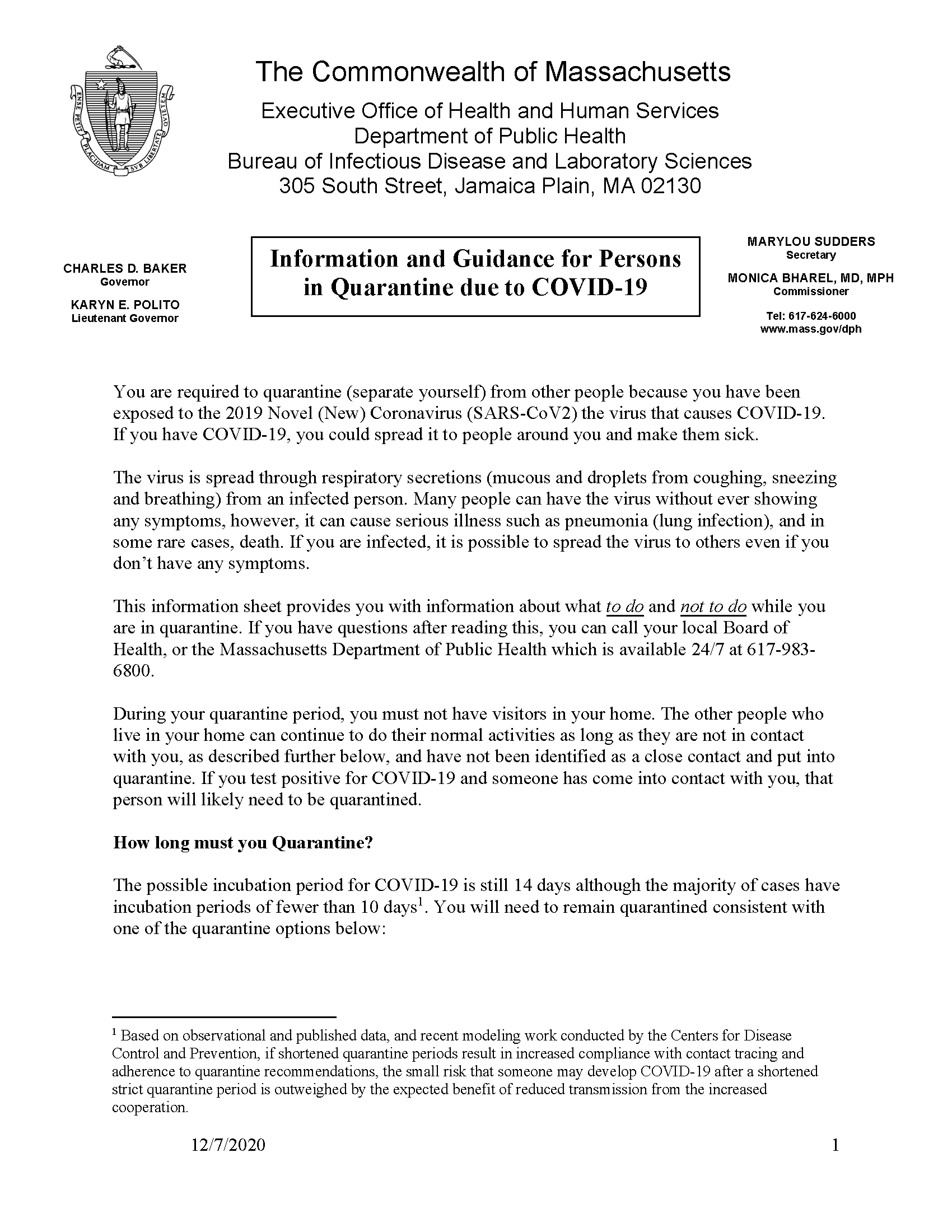 14 10 7 day COVID19 Quarantine information 12 7 2020 Page 1