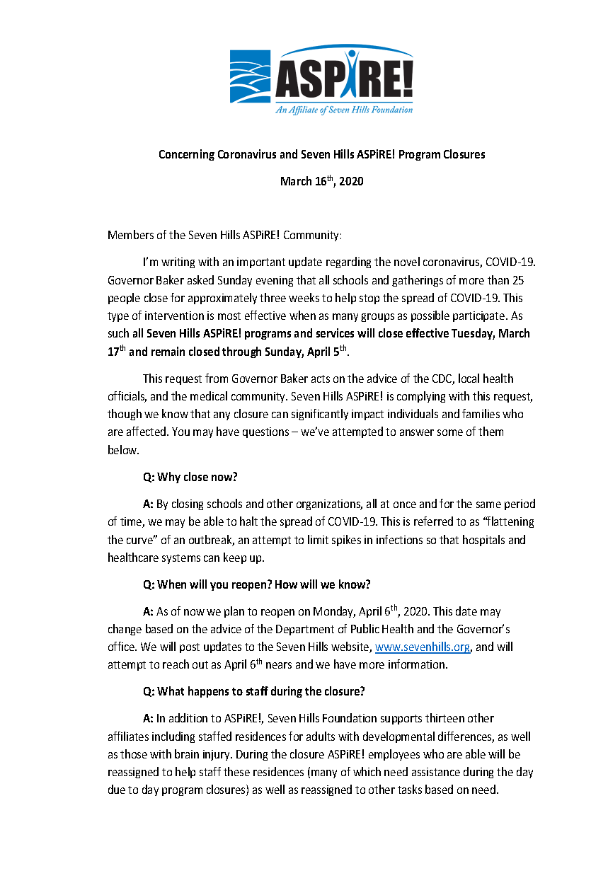 Covid 19 Updates Seven Hills Foundation